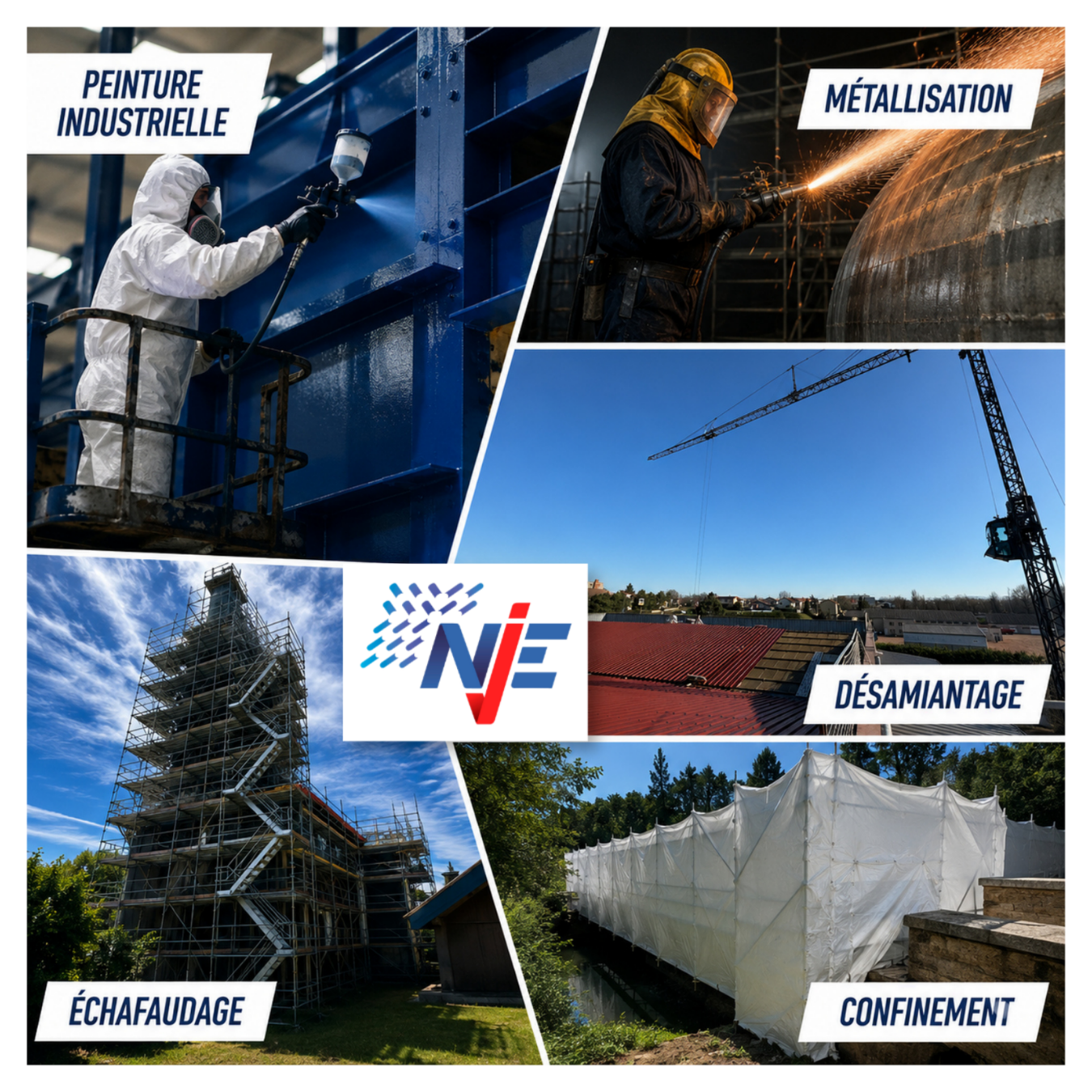 Expertises métiers NJE — peinture industrielle, métallisation, désamiantage, échafaudage et confinement sur chantiers techniques