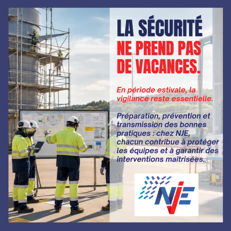 Équipes NJE en EPI lors d'un briefing sécurité sur un chantier industriel