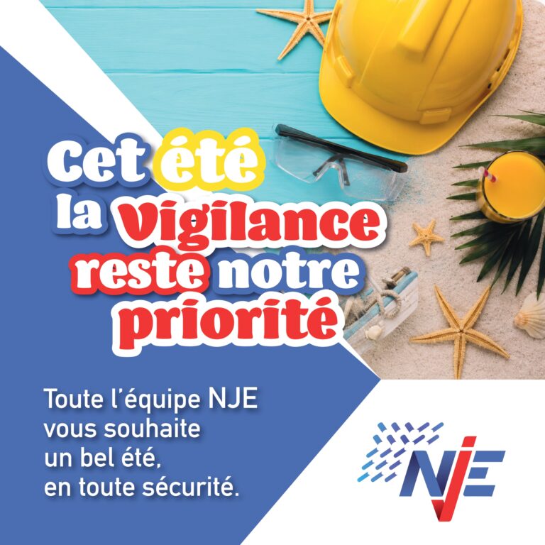 Casque et lunettes de protection NJE sur un décor estival — la vigilance reste notre priorité