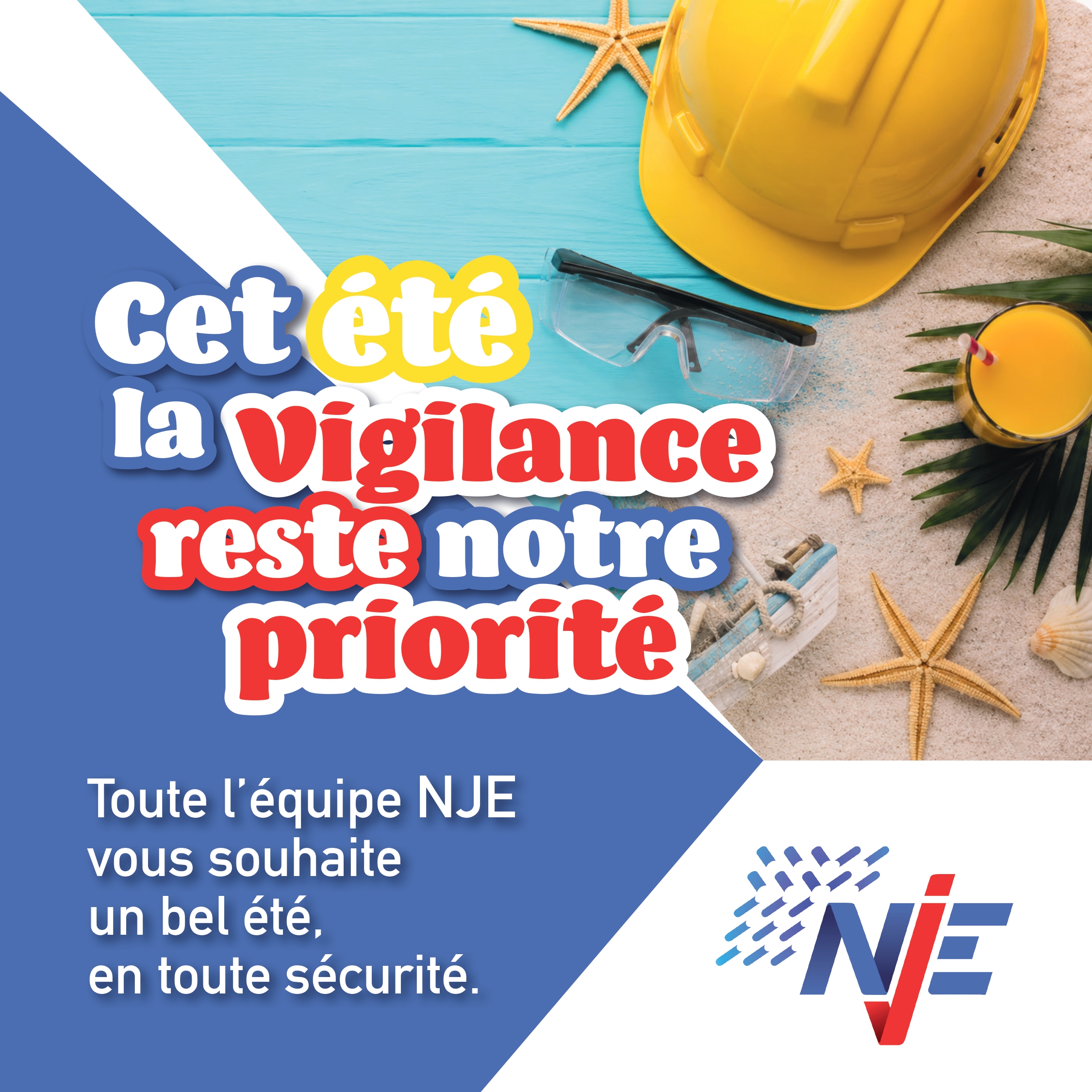 Casque et lunettes de protection NJE sur un décor estival — la vigilance reste notre priorité